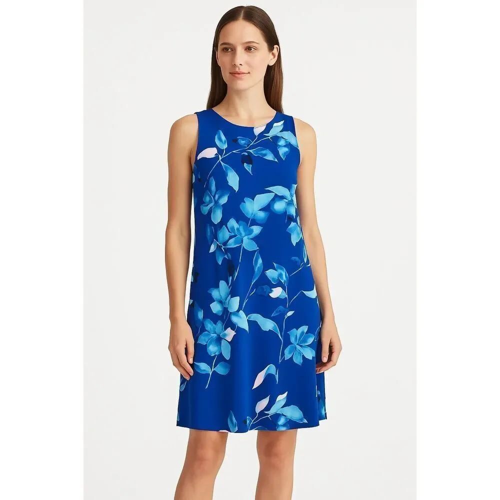 Lauren Ralph Lauren Blue Floral Vibrant Modern Sleeveless Shift Dress Womens 8